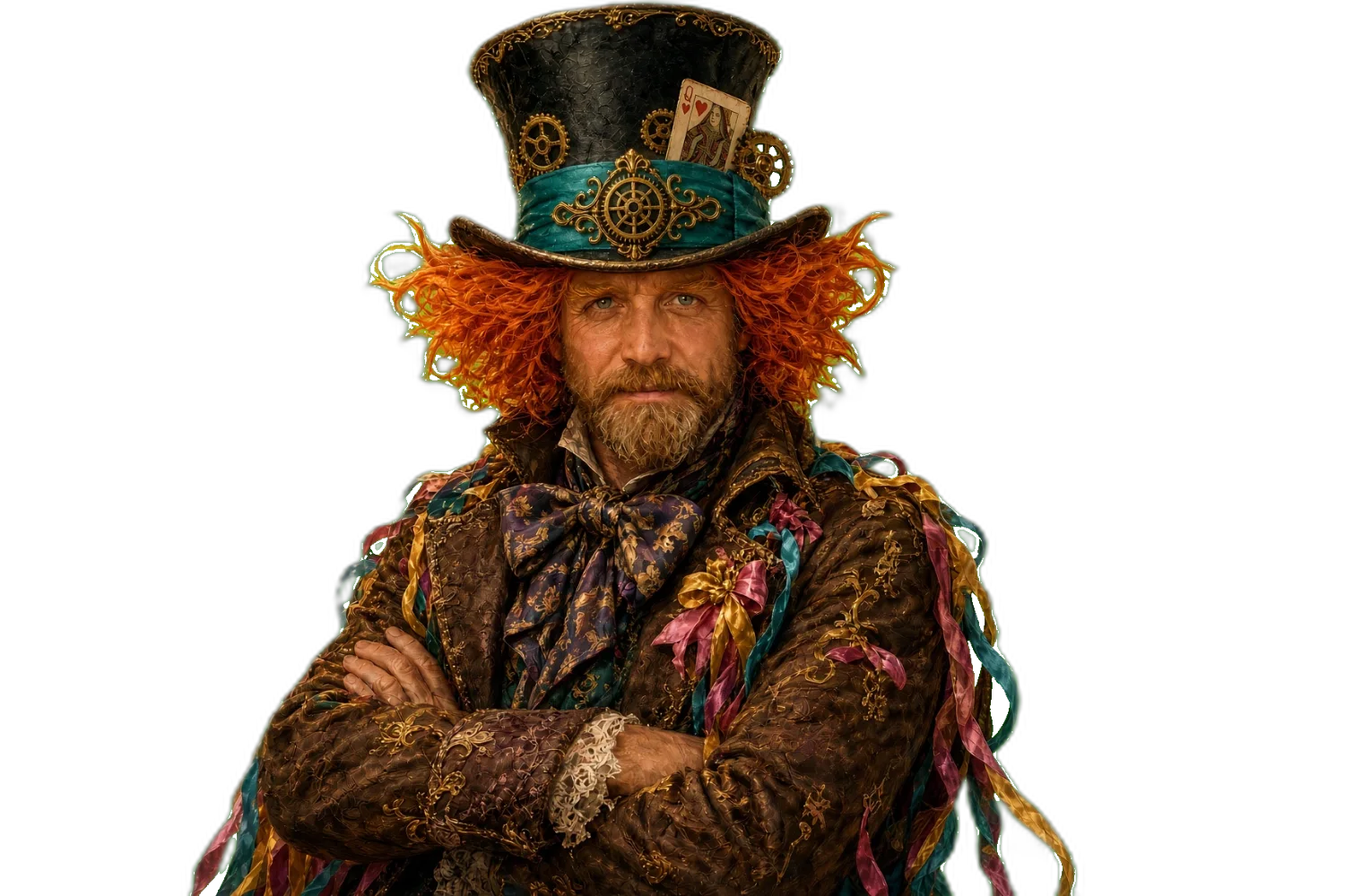 The Mad Hatter, arms crossed, a playing card tucked in his hat band